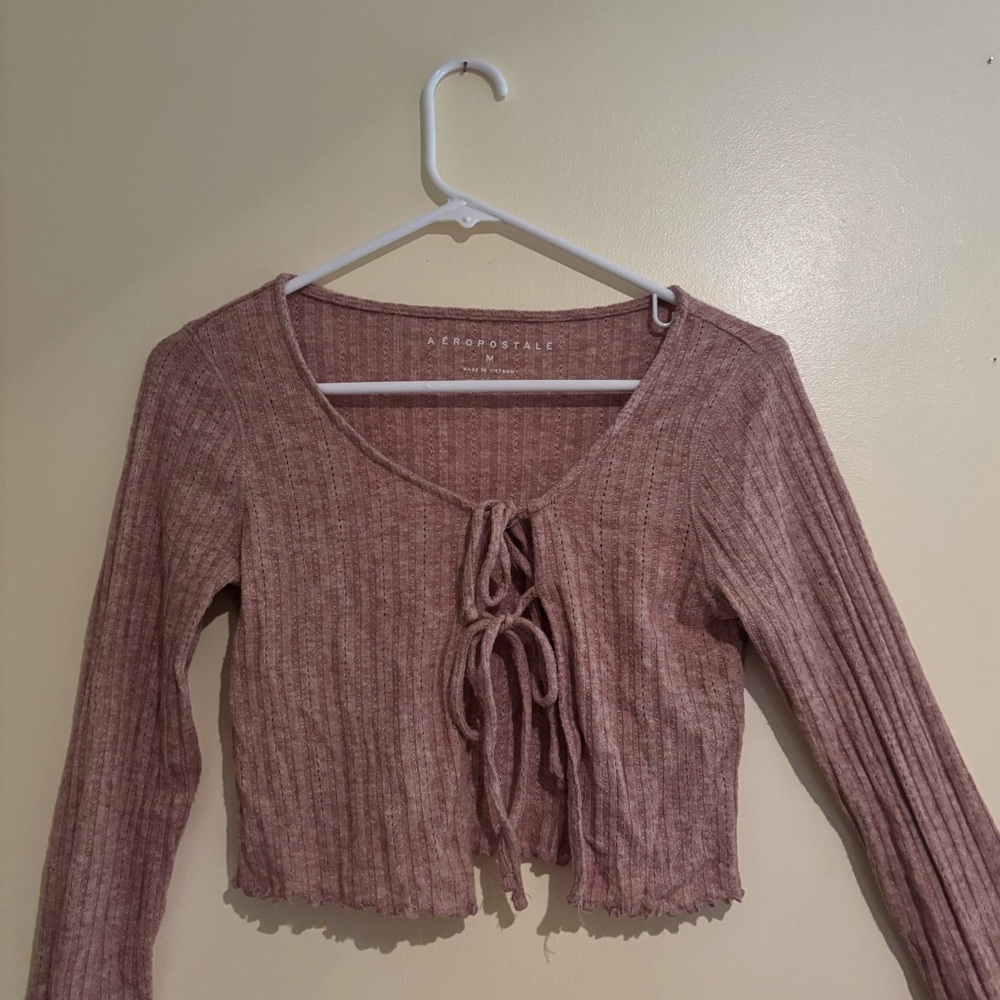 Aeropostale Tan Ribbed Tie-Front Crop Top